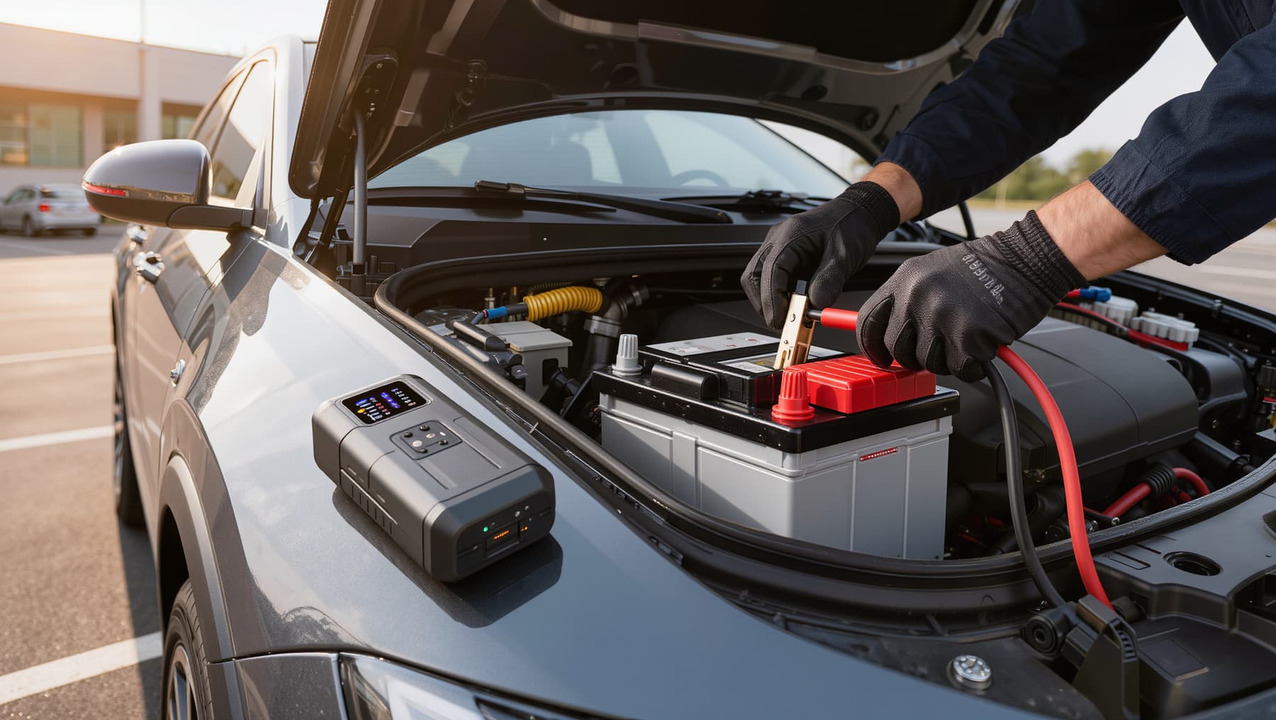 Gloved hands connecting a new battery with a jump pack on the fender