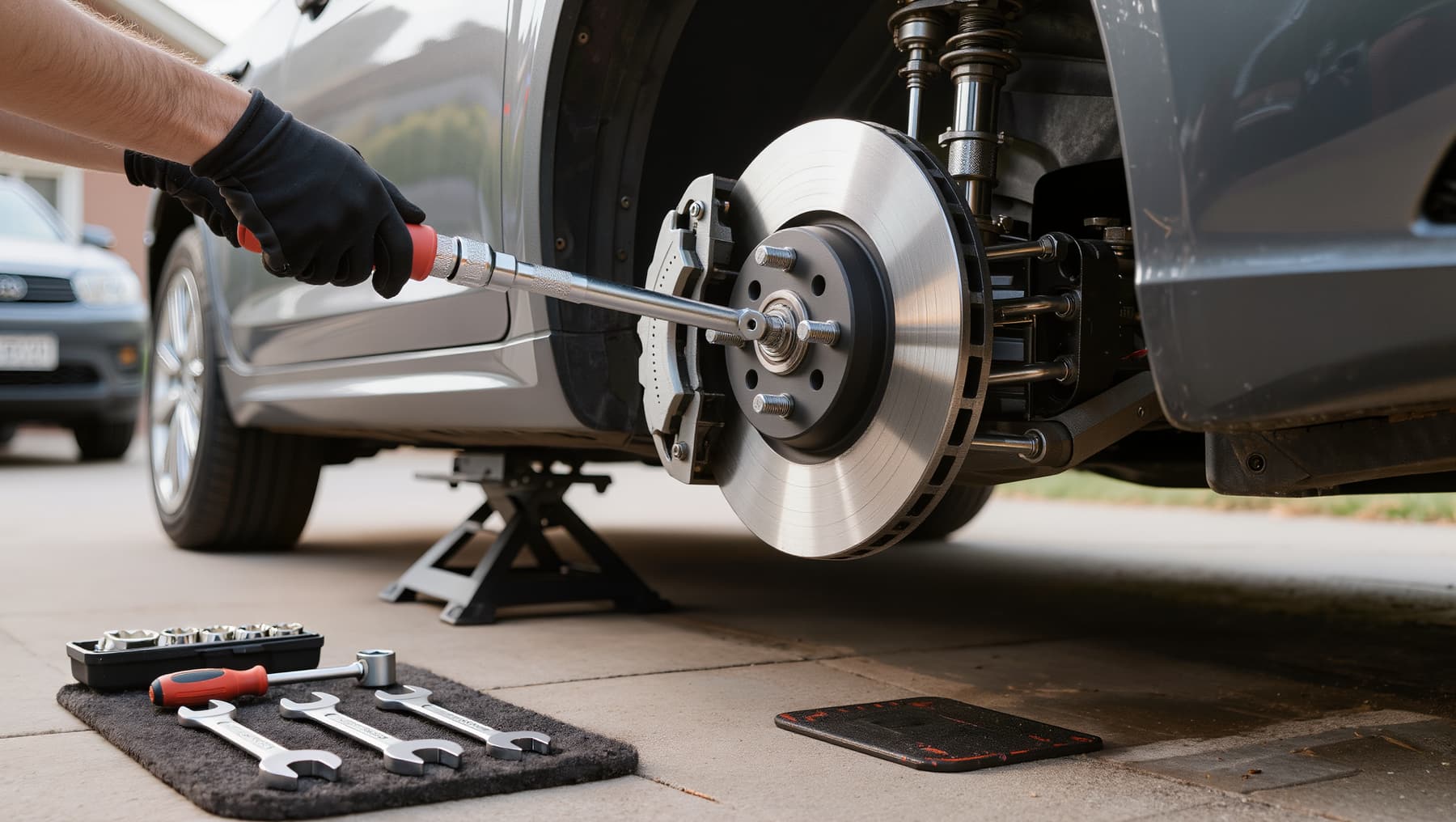 Car on a jack stand with the wheel off and a new brake rotor and caliper installed