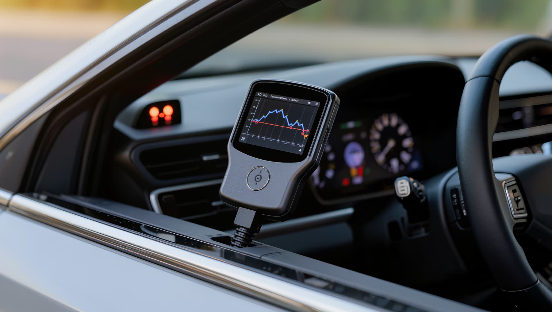 Diagnostic scan tool plugged in under a dashboard with the check engine light on