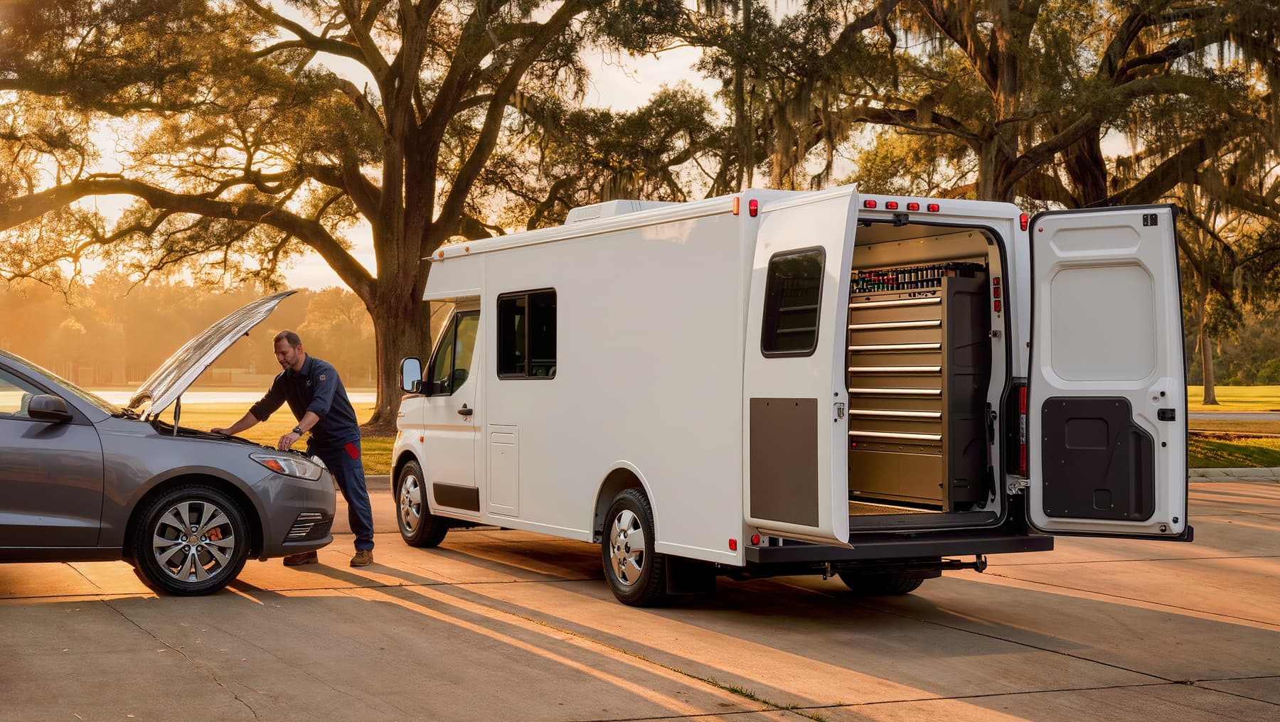 Mobile mechanic van with tool drawers open beside a sedan with its hood up in a driveway